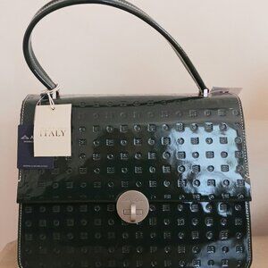 Arcadia Large Dark Green Patent Leather Satchel Purse Made in Italy NWT